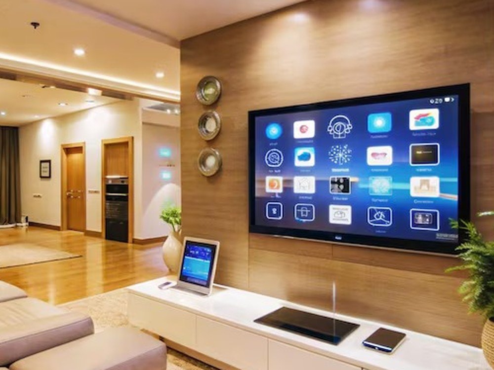 Smart home living room with touch panel.